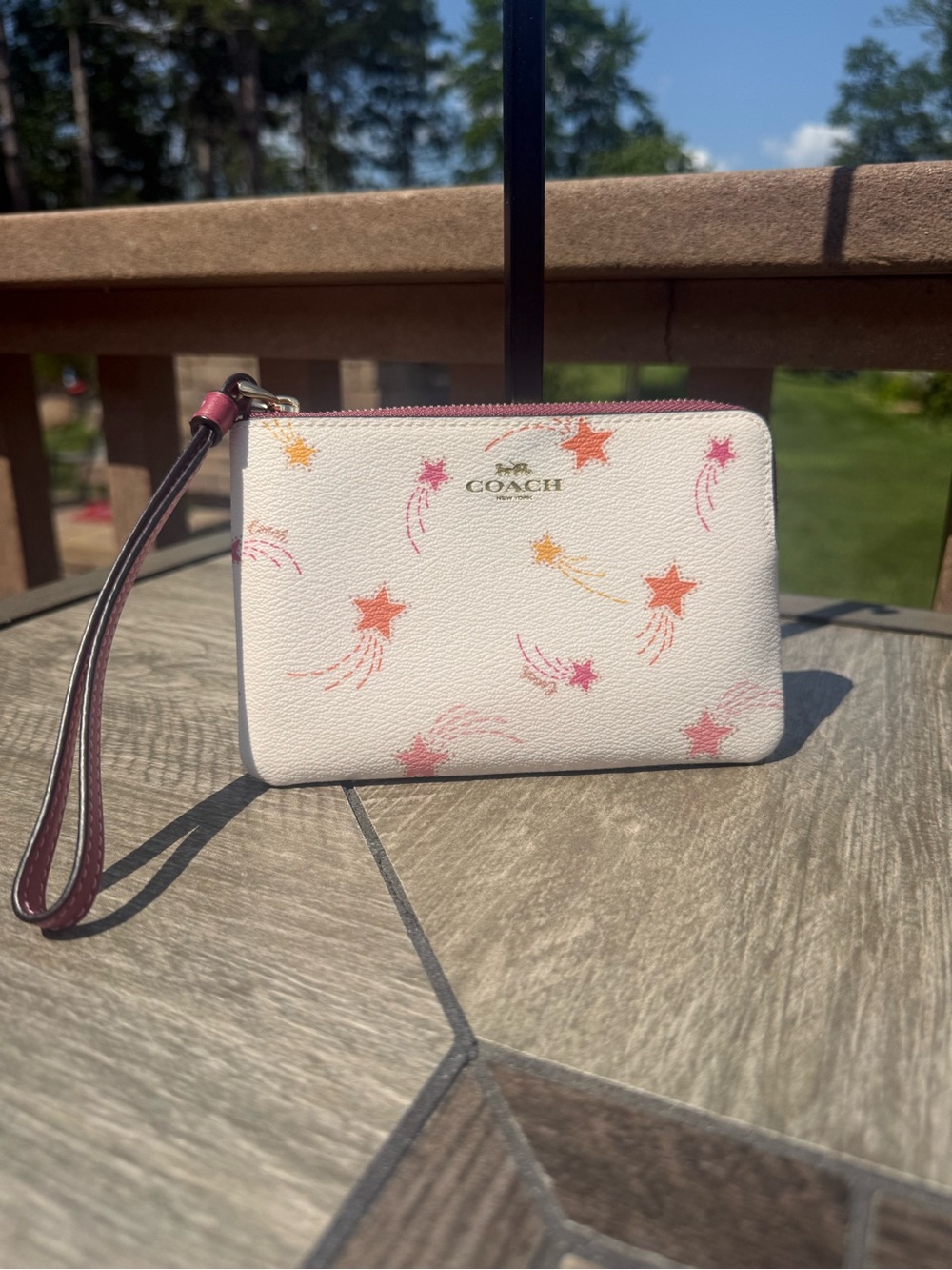 Coach Star Print Wristlet Pouch in White with Pink Accents